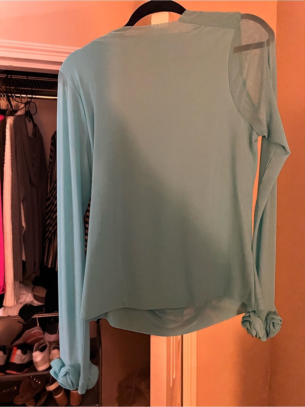 AFRM Light Blue Long Sleeve Sheer-Shoulder Blouse